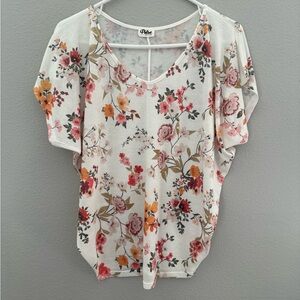 Pulse Floral V-Neck Short Sleeve Top in White, Pink & Orange